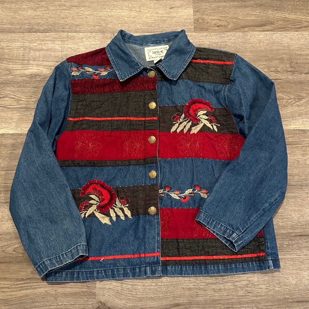 Vintage Tantrums Denim Jacket Women Large Floral Embroidered Patchwork Boho 90s - Picture 3 of 10